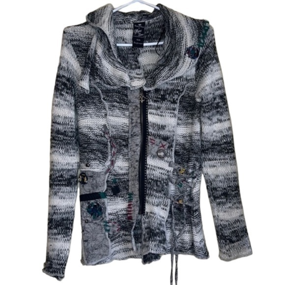 Bohemian style zippered cardigan with multiple embellishments, medium